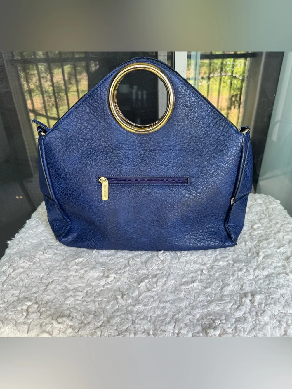 Michael Kors Blue Leather Shoulder Bag with Gold Ring Handles